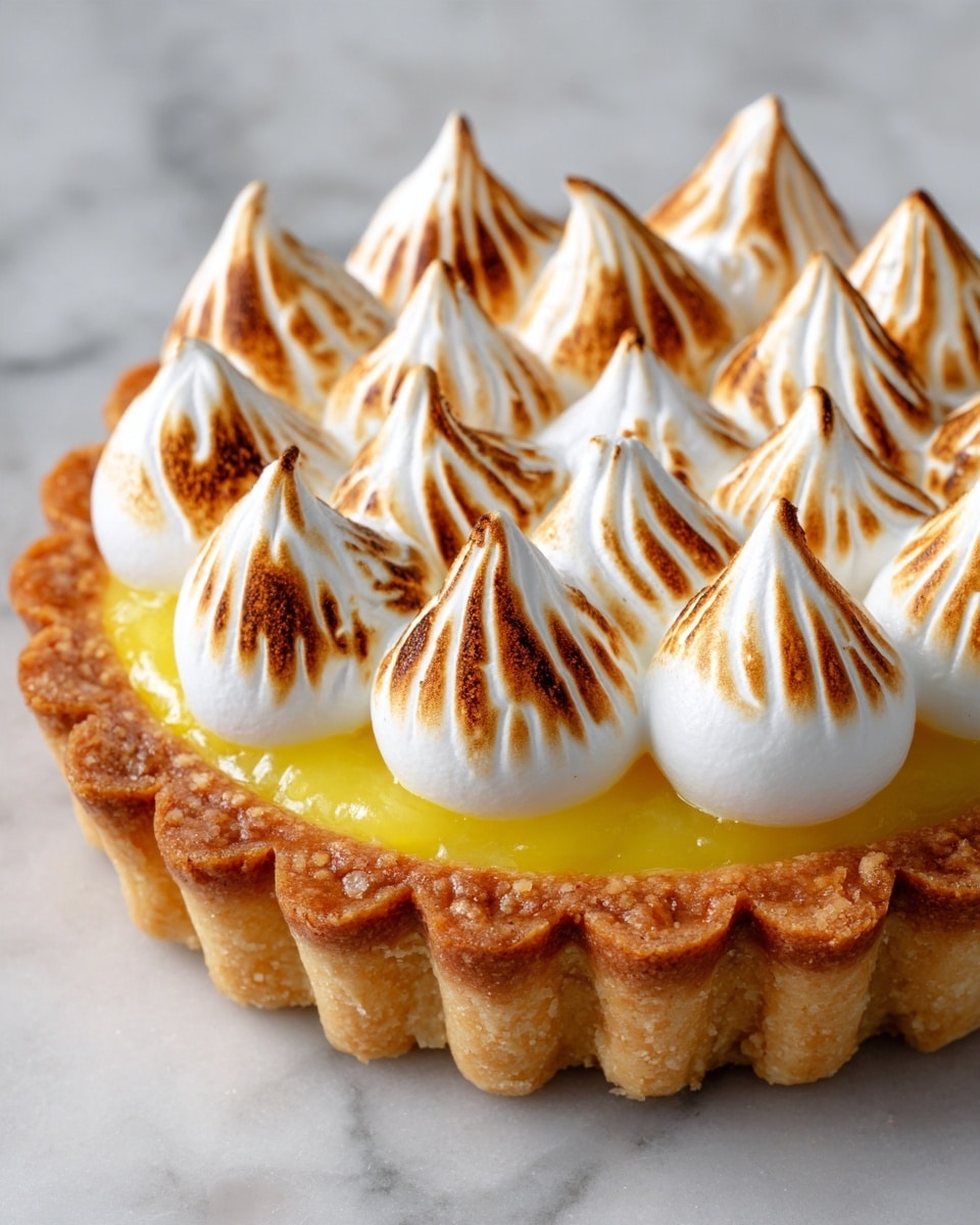 The image shows a small tart with three layers: the bottom layer is a light golden crust with a scalloped edge; the middle layer is a smooth, bright yellow filling; the top layer is made of white meringue dollops arranged closely, each with toasted brown lines creating a striped pattern and small peaks. The tart is placed on a white marbled surface, with two other similar tarts partially visible in the background. photo taken with an iphone --ar 4:5 --v 7