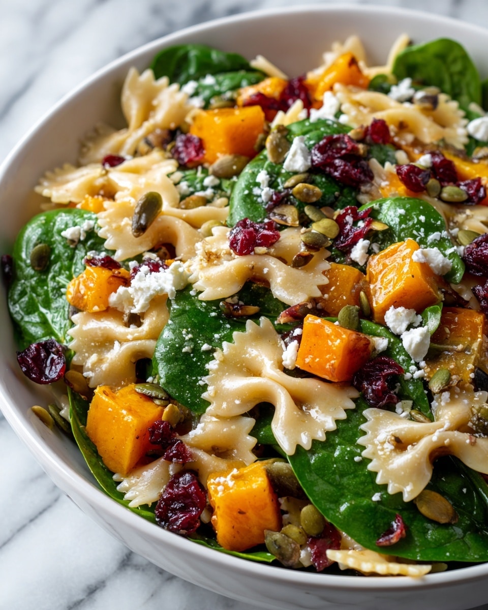 A white plate filled with a colorful layered salad sits on a dark wooden table. The bottom layer is fresh green spinach leaves, scattered unevenly. On top, there are bright orange cubes of roasted butternut squash, mixed with small pieces of white cheese crumbles. Light yellow bowtie pasta is spread throughout, some pieces topped with pumpkin seeds and dried red cranberries. The seeds and cranberries add small brown and deep red spots across the salad. The whole dish looks fresh and vibrant with a mix of soft, crunchy, and chewy textures. Photo taken with an iphone --ar 4:5 --v 7