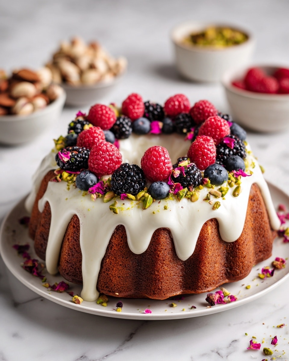 A round bundt cake with a light brown, textured surface sits on a white plate, topped with a thick layer of smooth, white icing that drips down the sides unevenly. On top of the icing, there is a colorful ring of fresh berries including red raspberries, black blackberries, and small blue blueberries, spaced evenly around the cake’s hole. Scattered finely chopped green pistachios and small pink rose petals add contrast and decoration on top of the icing and around the plate. The background has a white marbled texture with small white bowls containing more pistachios, berries, and flower petals slightly out of focus. photo taken with an iphone --ar 4:5 --v 7
