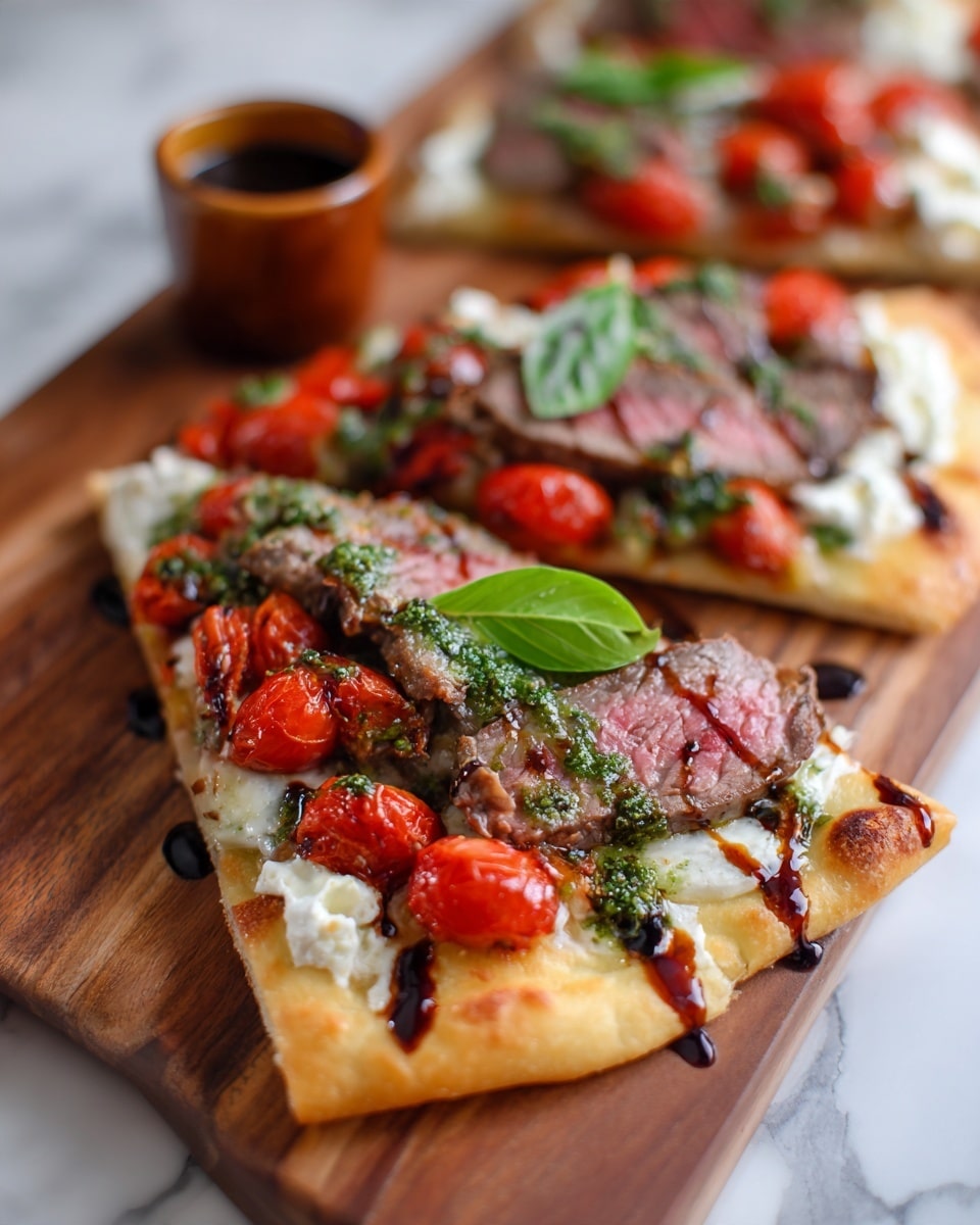 The image shows a flatbread pizza cut into rectangular slices placed on a wooden board. The flatbread has a golden-brown crust, with soft white cheese spread evenly as the first layer. On top of the cheese, there are several slices of medium-rare steak showing a pink center and browned edges. Roasted cherry tomatoes with a deep red color and slightly wrinkled skin are scattered on the flatbread. Green pesto sauce is drizzled over the steak and tomatoes, adding a fresh, textured layer. There are also balsamic glaze streaks creating dark, shiny lines across the surface. One slice is focused in the front with a fresh green basil leaf on top. In the back, a small brown cup with dark sauce is slightly visible. The flatbread and background are set on a white marbled texture photo taken with an iphone --ar 4:5 --v 7
