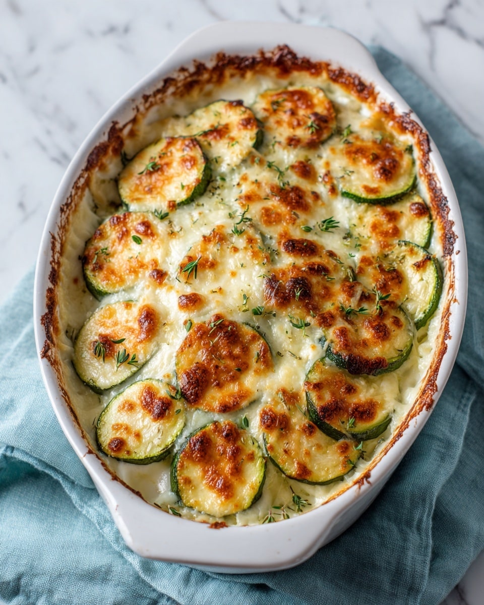 The dish is a baked zucchini gratin in a white oval baking dish on a white marbled surface with a light gray cloth nearby. The gratin has multiple layers visible by the round zucchini slices on top, which are green with light yellow inside. The top layer is covered with melted, slightly browned cheese, showing a creamy white and light golden color with some brown crispy spots. Small green herb pieces are sprinkled evenly on top, adding texture and color contrast. The edges of the gratin have a slightly browned, crispy look. photo taken with an iphone --ar 4:5 --v 7