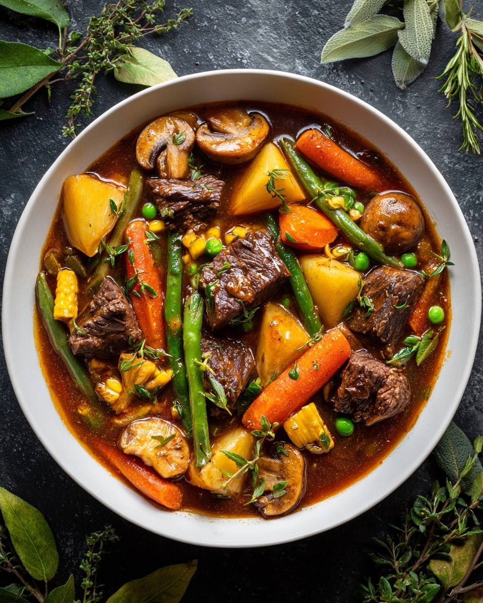 A white bowl filled with a colorful beef stew on a white marbled surface, showing a rich brown broth as the base layer. Large, bright orange carrot slices float on top, along with chunks of yellow potatoes. Darker brown pieces of tender beef are spread evenly through the stew. Small green peas, green beans, and yellow corn kernels add pops of green and yellow throughout the dish. A few pieces of sliced mushrooms are visible, sprinkled with finely chopped green herbs. The stew looks hearty with a mix of round and irregular shapes and a slightly glossy texture. Photo taken with an iphone --ar 4:5 --v 7