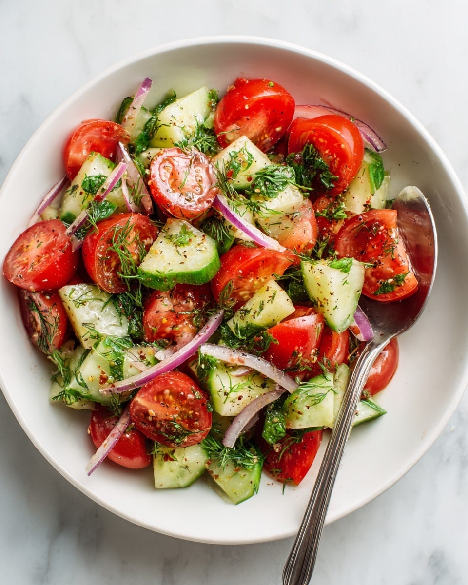 A colorful fresh salad is served in a white bowl, placed on a white marbled surface. The salad has three main layers: the base layer has bright red cherry tomatoes, some whole and some cut in half, shining with freshness; scattered among them are light green cucumber pieces cut into small wedges showing their smooth skin and pale interior. Thin strips of purple-red onion are spread all over, adding a sharp contrast with their translucent texture. Bright green parsley and mint leaves are mixed in, with some leaves whole and others chopped finely, adding a fresh and leafy texture. A sprinkle of black pepper and small seeds is visible across the salad. A silver spoon is partially dipping into the salad on the left side with a woman's hand holding it, ready to serve. The overall look is fresh, vibrant, and healthy. photo taken with an iphone --ar 4:5 --v 7