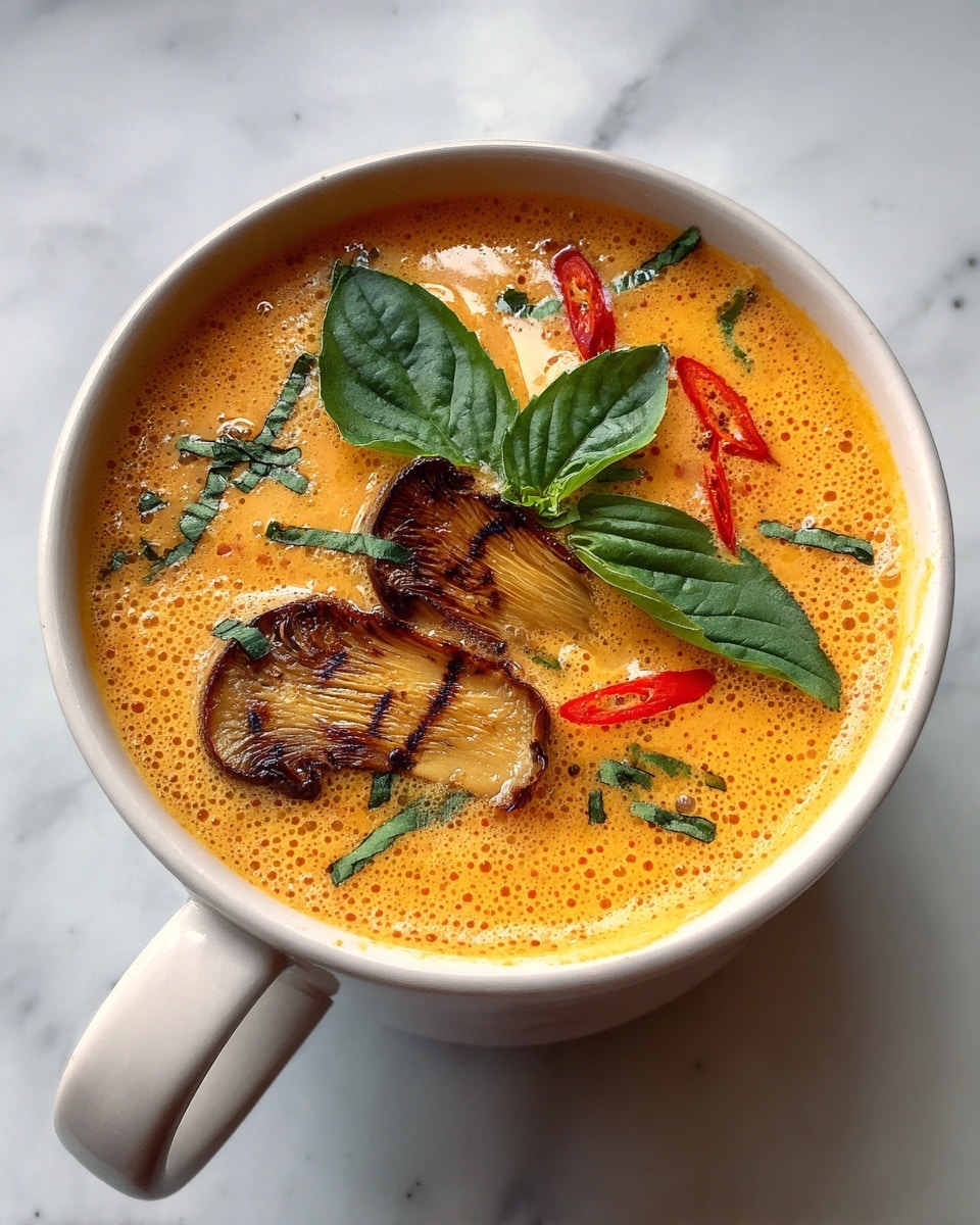 A white bowl filled with creamy orange soup, showing slices of light brown mushrooms with dark edges floating on top. Bright red strips of bell pepper float around the mushrooms, adding color contrast. Three fresh green basil leaves rest on top, giving a fresh touch. The soup looks smooth and rich, with tiny bubbles near the edges. The bowl is placed on a white marbled surface. Photo taken with an iphone --ar 4:5 --v 7
