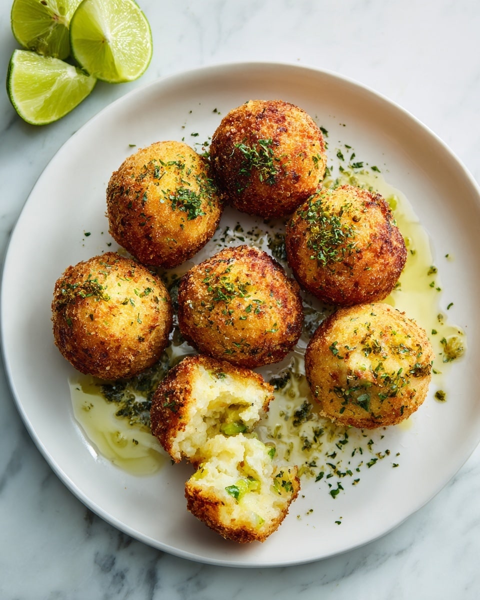 There are several round, golden brown fried balls on a white plate, with a crispy textured outside sprinkled with green herbs. One ball is broken open in the front, showing a soft, light yellow inside mixed with small green bits. The balls sit in a shallow layer of melted butter with more chopped green herbs scattered around them. In the background, a lime wedge is partly visible on the white marbled surface. photo taken with an iphone --ar 4:5 --v 7