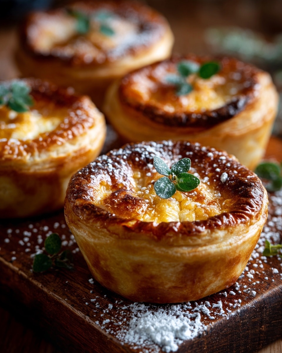 The image shows four small pies with golden brown, flaky crusts placed on a wooden board. Each pie has a thick, raised edge that is crimped in a scalloped pattern. The top layer is a shiny, slightly uneven surface dusted with white powdered sugar, giving a snowy effect. In the center of the nearest pie, there is a small green herb sprig for decoration. The pies are set against a soft dark background with a few scattered sugar granules around them. photo taken with an iphone --ar 4:5 --v 7