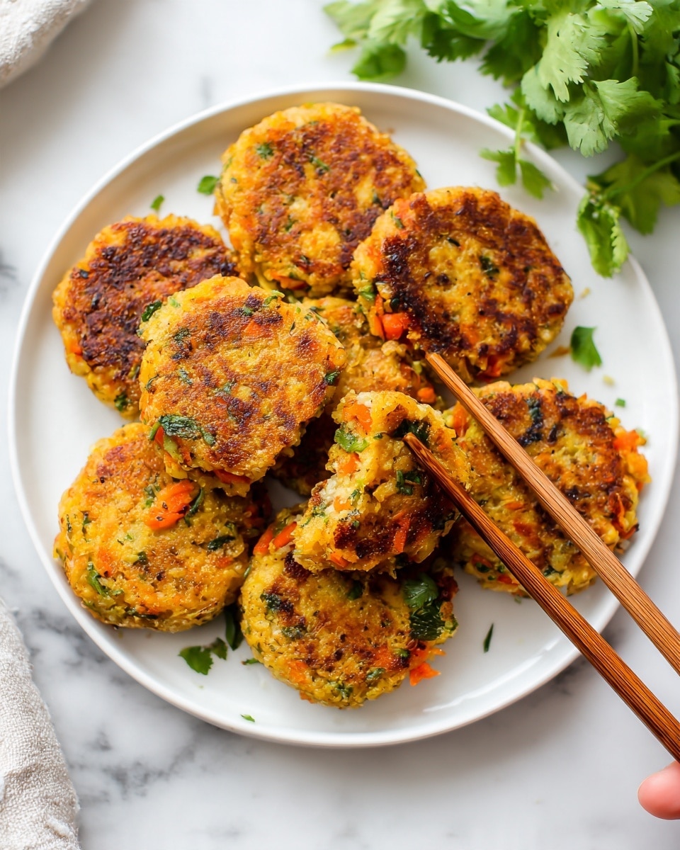 The image shows seven small round patties with a crispy, golden-brown outer layer. The patties have visible bits of orange, green, and white vegetables inside, creating a colorful texture. They are arranged on a white plate, forming a loose pile. A pair of chopsticks held by a woman’s hand is picking up one patty, showing its slightly browned and crunchy surface. The background is a white marbled texture with some green herbs slightly blurred in the background, adding a fresh look. photo taken with an iphone --ar 4:5 --v 7