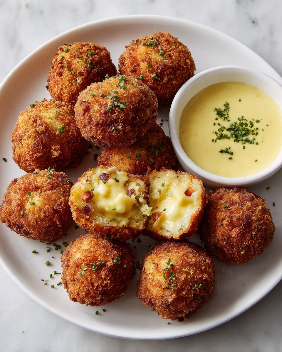 A white bowl filled with round, golden-brown crispy balls covered in small bits of fried onions and green herbs on top, stacked closely together. One ball is open, showing melted yellow cheese and small pink pieces inside, with a soft texture contrasting the crunchy outside. A small white cup on the side holds light yellow sauce sprinkled with finely chopped green herbs. The bowl sits on a white marbled surface. photo taken with an iphone --ar 4:5 --v 7