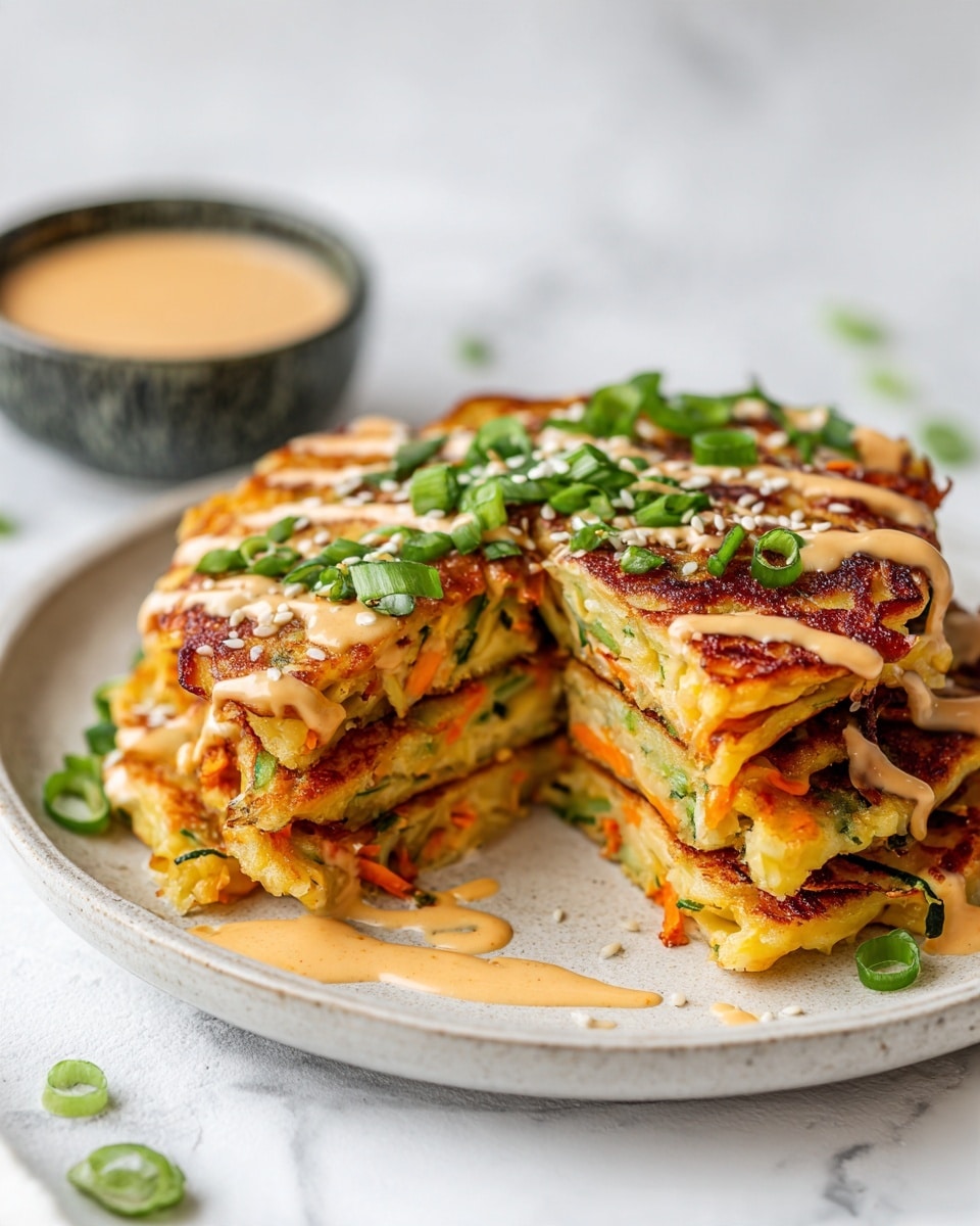 The dish shows three golden-brown vegetable pancakes stacked slightly on a white plate with a white marbled texture underneath. The pancakes have a crispy, cooked texture with visible bits of shredded orange carrot and green herbs inside them. On top of the pancakes, there is a light orange sauce drizzled in a zigzag pattern, along with scattered sliced green onions and small white sesame seeds. In the top left corner of the plate, a small dark bowl holds a creamy orange dipping sauce. The background includes a textured dark gray cloth. Photo taken with an iphone --ar 4:5 --v 7