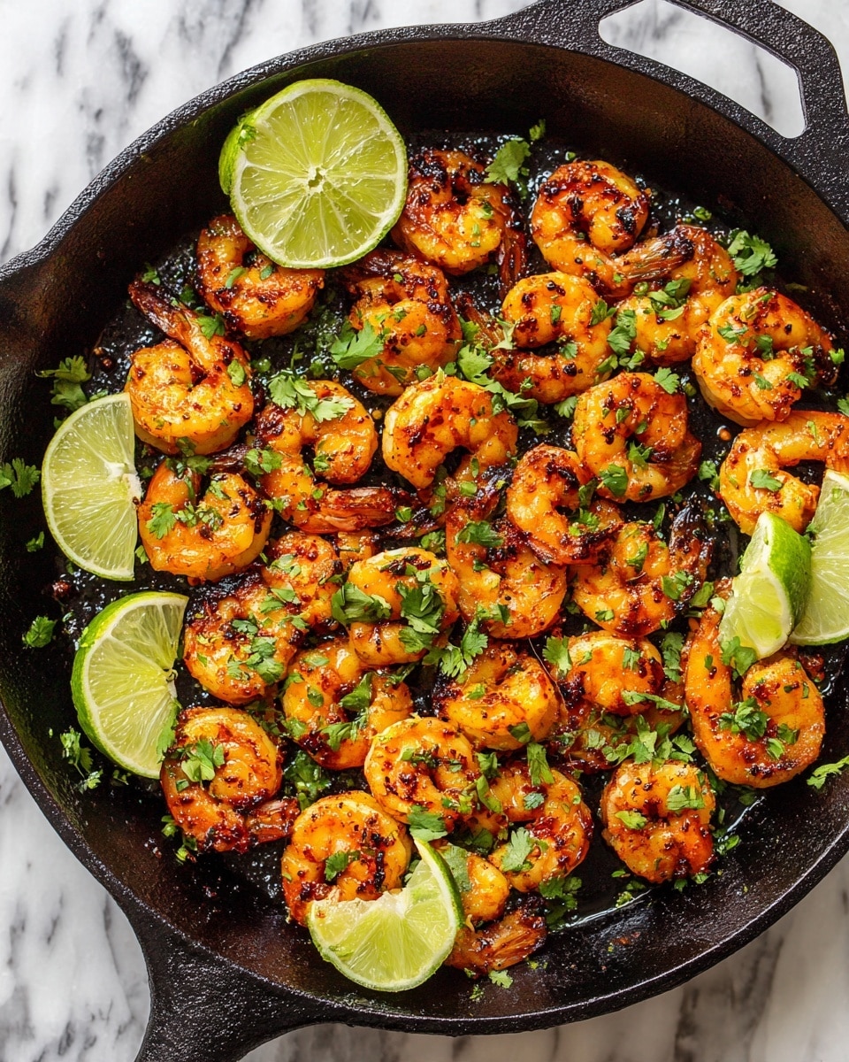 A black cast iron pan filled with about twenty pieces of cooked shrimp arranged mostly in circular patterns; the shrimp have a golden-brown, slightly charred texture with small green herb pieces scattered on top. There are three small piles of green lime wedges placed inside the pan, contrasting with the shrimp. Some fresh cilantro leaves are spread on the shrimp and also around the pan. The pan rests on a dark wooden surface. photo taken with an iphone --ar 4:5 --v 7