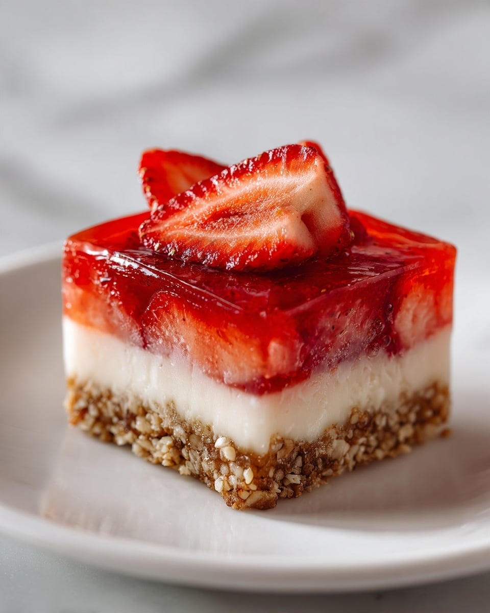 A close-up view of a three-layer dessert square on a white plate with a white marbled background. The bottom layer is a crunchy golden-brown nut and pretzel mix with a rough texture. The middle layer is a smooth, creamy off-white filling with a soft and fluffy appearance. The top layer is a shiny, bright red strawberry jelly with visible slices of fresh red strawberries embedded within. The jelly looks glossy and moist, giving the dessert a fresh look. photo taken with an iphone --ar 4:5 --v 7