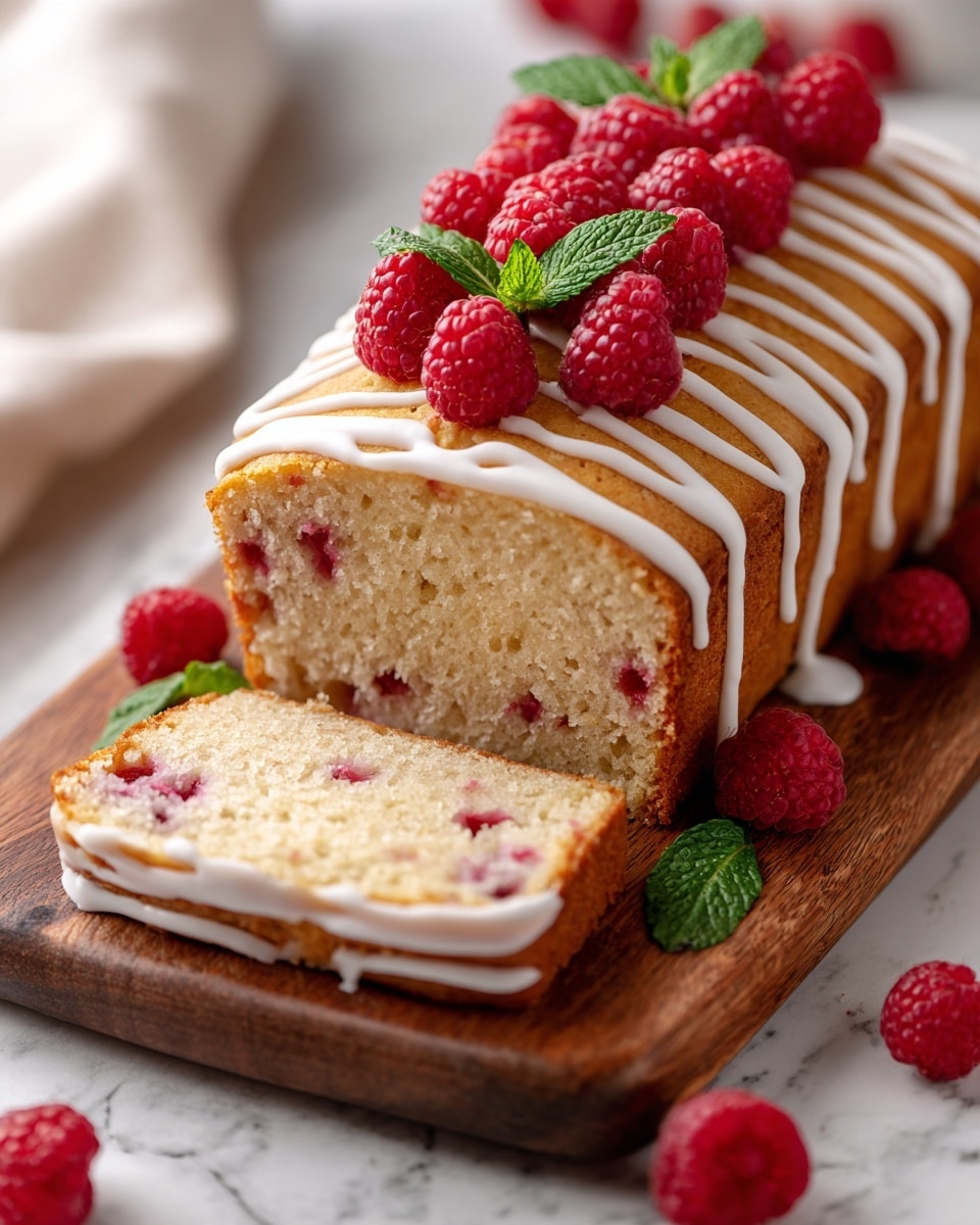 A rectangular slice of raspberry cake sits on a wooden board with three visible layers: the bottom is a light, crumbly cake with bits of raspberries inside, the middle and top layers have a thin drizzle of white icing with a creamy texture, and the top of the cake is covered with fresh, bright red raspberries and a few green mint leaves scattered on them. The wooden board is set on a white marbled surface with part of a white plate visible on the right side. Photo taken with an iphone --ar 4:5 --v 7