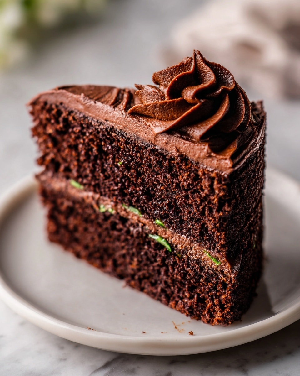 A close-up view of a two-layer chocolate cake slice on a white plate, placed on a white marbled surface. The cake layers are dark, moist, and slightly crumbly with small green flecks throughout. Between the two cake layers is a thick, smooth layer of rich chocolate frosting. The top of the cake slice features a thick layer of swirled chocolate frosting with a shiny texture. The cake looks rich and dense, with the frosting neatly piped and creamy. photo taken with an iphone --ar 4:5 --v 7