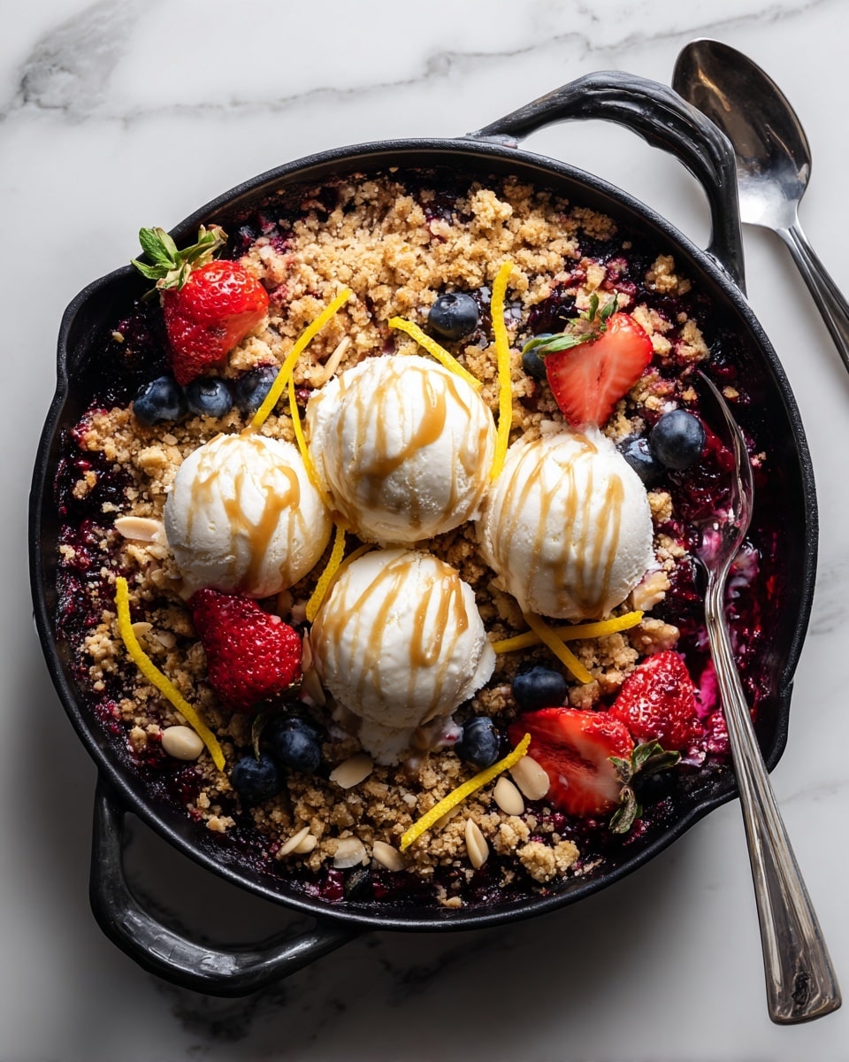 A dark cast iron pan filled with three layers: the bottom layer is deep red and purple mixed cooked berries, the middle layer is a thick golden-brown oat and nut crumble with sliced almonds scattered on top, and the top layer has three white scoops of ice cream drizzled with light brown syrup. There are vibrant strawberry halves and whole blueberries placed around the ice cream and crumble, along with small yellow lemon zest strips adding color. A silver spoon scoops berries from the right edge, and the pan rests on a white marbled surface with a white cloth nearby. photo taken with an iphone --ar 4:5 --v 7