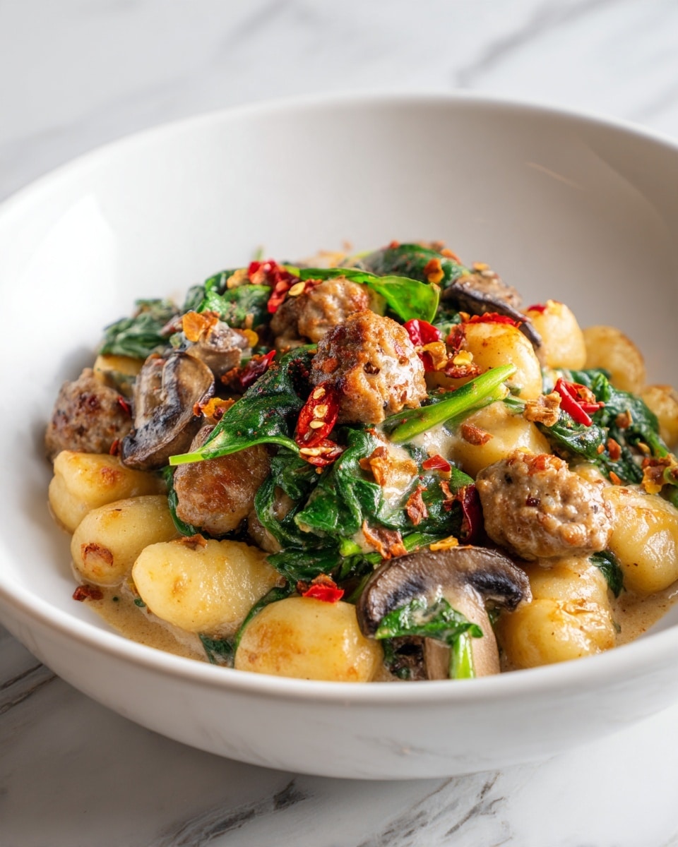 A bowl filled with a creamy dish that has three main layers: golden-yellow gnocchi with a smooth texture, browned sausage pieces with a crispy crust, and wilted bright green spinach leaves. Mixed in are chunky, dark brown mushrooms, all coated in a light creamy sauce. Red chili flakes are sprinkled on top, adding specks of red color across the dish. The bowl is white with a ridged edge and sits on a white marbled surface. photo taken with an iphone --ar 4:5 --v 7