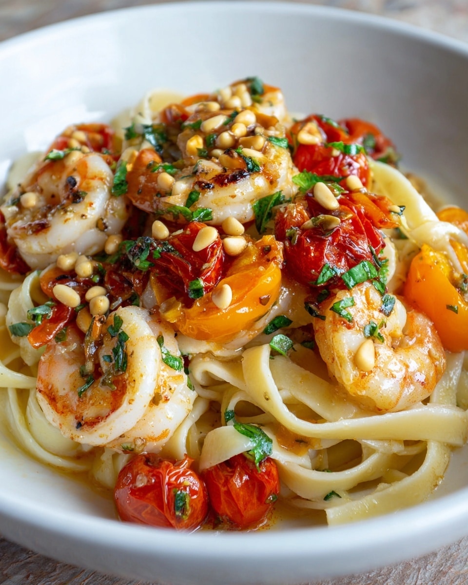 The image shows a close-up of a white round pan filled with pasta, shrimp, cherry tomatoes, and pine nuts. The bottom layer is light beige flat pasta noodles twisted and mixed throughout the pan. On top of the pasta are pinkish-orange shrimp, cooked and slightly browned on the edges. Scattered around the shrimp and noodles are bright red and orange roasted cherry tomatoes with slightly charred skins. White pine nuts are sprinkled over the dish, adding small round shapes. Green chopped parsley is scattered across the top, providing a fresh contrast. The dish sits on a white marbled surface with a sprig of rosemary to the side. Photo taken with an iphone --ar 4:5 --v 7