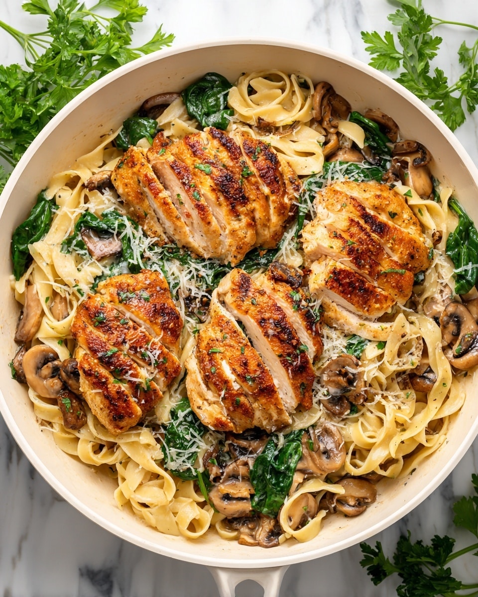 A white pan filled with four golden brown cooked chicken strips placed on a bed of creamy light cream-colored fettuccine pasta. The pasta is mixed with tender, creamy white mushroom slices and dark green wilted spinach leaves, creating a soft contrast. Small bits of grated pale cheese sprinkle over the chicken and pasta. Fresh parsley leaves are scattered on top, adding a touch of fresh green color. The whole scene sits on a white marbled surface with extra parsley and a small bowl of grated cheese nearby. photo taken with an iphone --ar 4:5 --v 7