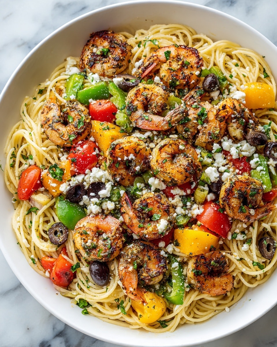 The image shows a white bowl filled with a colorful shrimp pasta salad. The base layer is light yellow spaghetti noodles tangled throughout the bowl. Scattered on top are seven large, cooked shrimp with a reddish-orange grill color and some green herb sprinkles. Mixed in between the noodles are halved red and orange cherry tomatoes, sliced green bell peppers, and sliced black and green olives. Small white crumbles of feta cheese are spread evenly across the dish. The bowl sits on a white marbled surface with a few visible greens and a small plate of cherry tomatoes near the edge. photo taken with an iphone --ar 4:5 --v 7