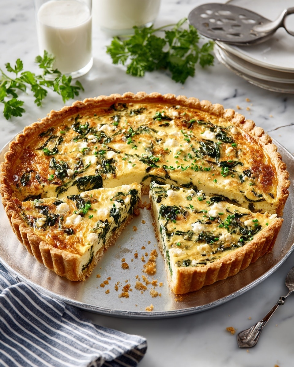 A golden brown pie crust holds a thick layer of baked quiche filling with a mix of green spinach leaves and light yellow egg custard, speckled with bits of chopped herbs and melted cheese on top. One slice has been removed, showing the soft, creamy inside with visible spinach pieces and the slightly flaky edge of the crust. The quiche is placed on a metal pie pan resting on a white marbled surface with some green herb leaves and a striped cloth nearby. photo taken with an iphone --ar 4:5 --v 7