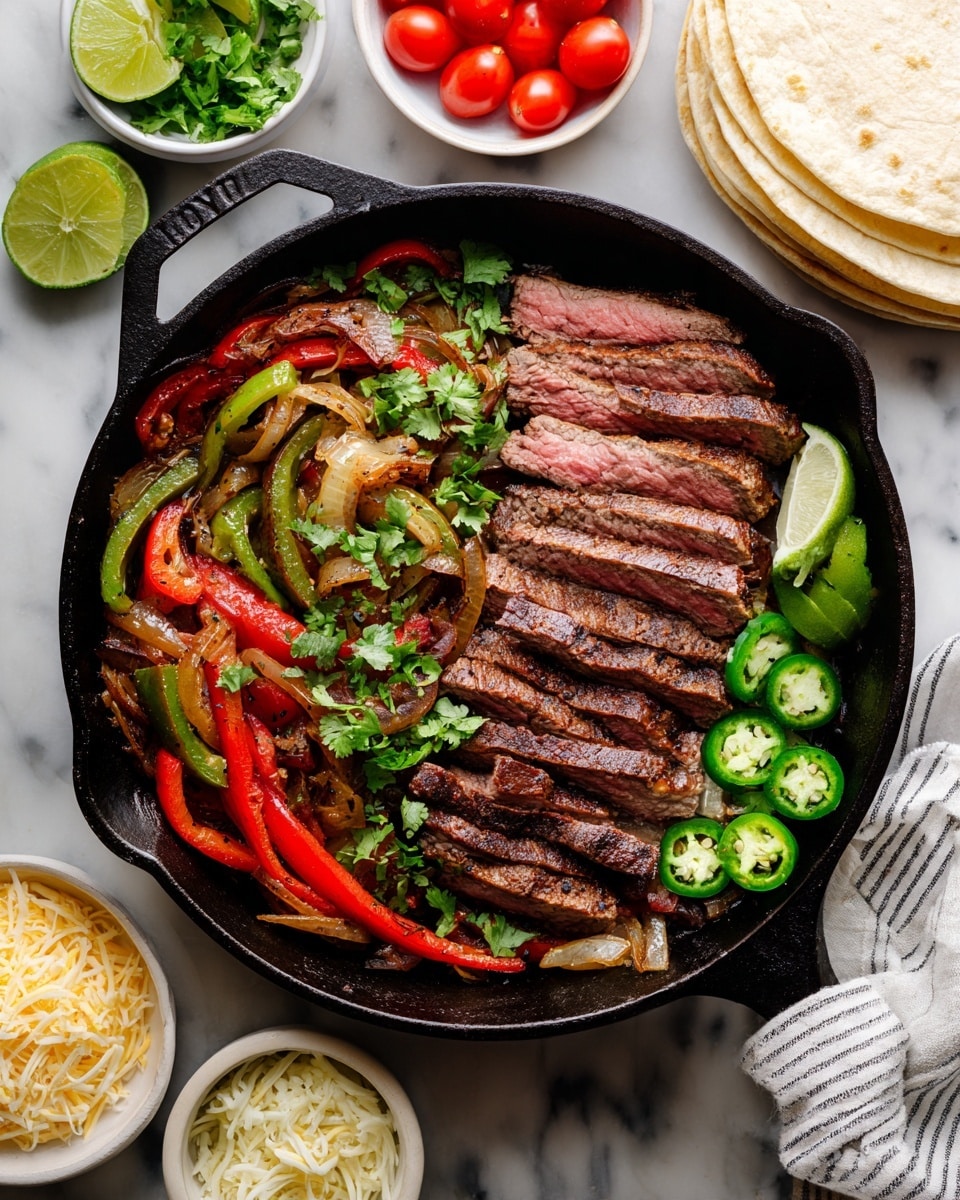 A black cast iron skillet sits on a white marbled surface, filled with two main layers: on the left and bottom sides, there are sautéed vegetables including long strips of green and red bell peppers and pieces of browned onions; on the right side, there are slices of medium-cooked steak, showing a pink center with a browned exterior. The steak and vegetables are topped with chopped green cilantro and a few slices of fresh green jalapeño. Surrounding the skillet are additional items: two lime halves at the top left, a bowl of shredded cheese at the top right, sliced jalapeños nearby, halved cherry tomatoes in a small white bowl left, and a stack of white tortillas on the bottom right. A striped cloth partially covers the bottom left side of the skillet. Photo taken with an iphone --ar 4:5 --v 7