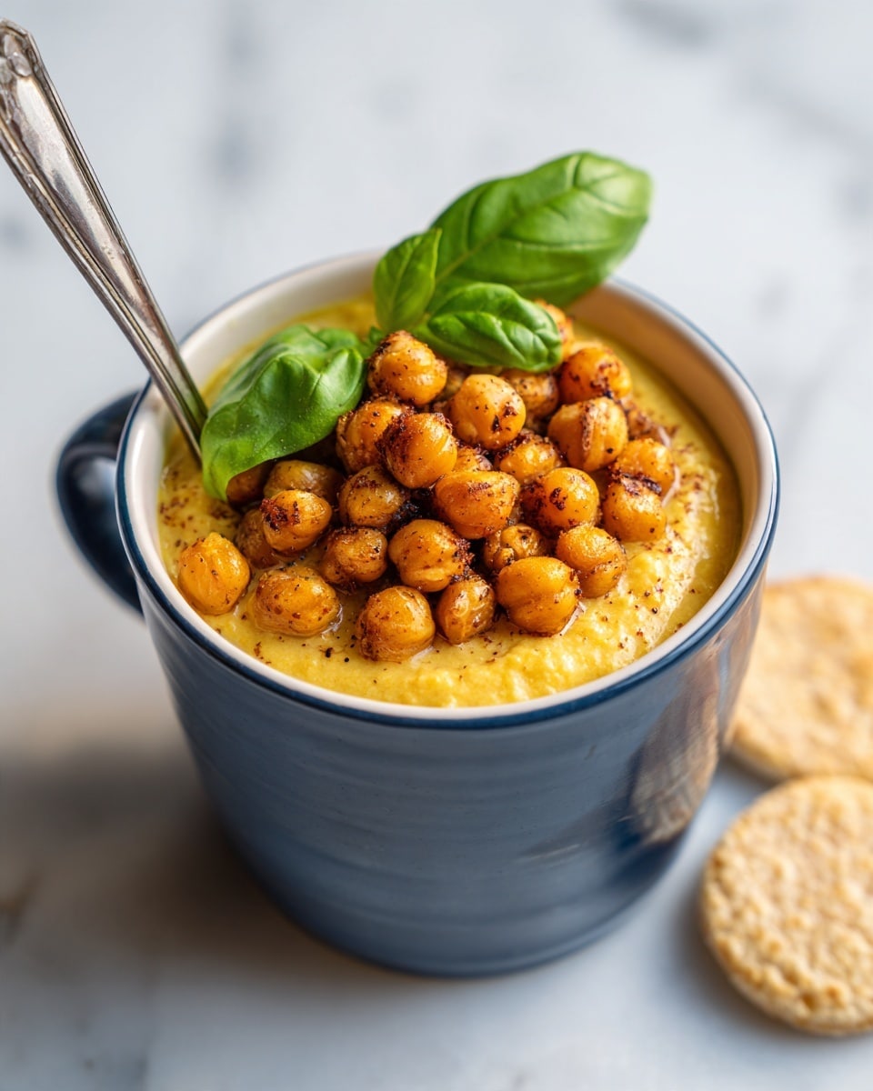 The image shows a dark-colored cup filled with creamy yellow soup topped with a generous layer of golden roasted chickpeas. On top of the chickpeas, there is a single fresh green basil leaf. A silver spoon rests inside the cup, partially submerged in the soup. The cup is placed on a smooth white marbled surface, and next to it, there are some light-colored rice cakes close to the bottom left corner of the image. The soup fills most of the cup, and the chickpeas create a textured and crispy layer on top, contrasting with the smooth soup beneath. photo taken with an iphone --ar 4:5 --v 7