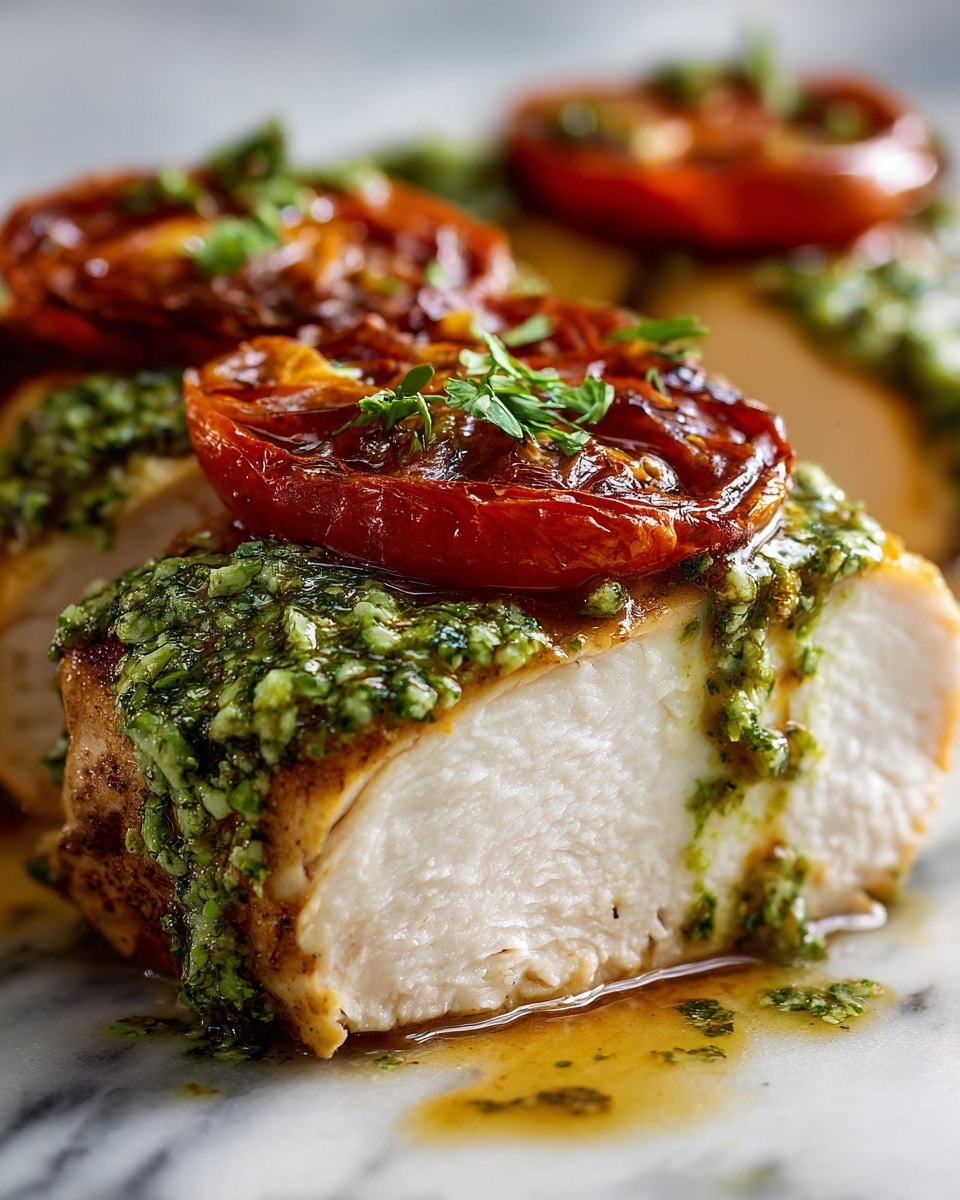 The image shows a close-up of a block of light, smooth-textured cooked chicken sliced in half, placed on a light grey plate with a few small green herb pieces around. On top of the chicken, there is a bright green pesto sauce layer, and two slices of reddish-orange roasted tomatoes with a slightly browned surface sit on top of the pesto. Small chopped green herbs are sprinkled over the tomatoes and pesto. The overall scene rests on a white marbled surface photo taken with an iphone --ar 4:5 --v 7