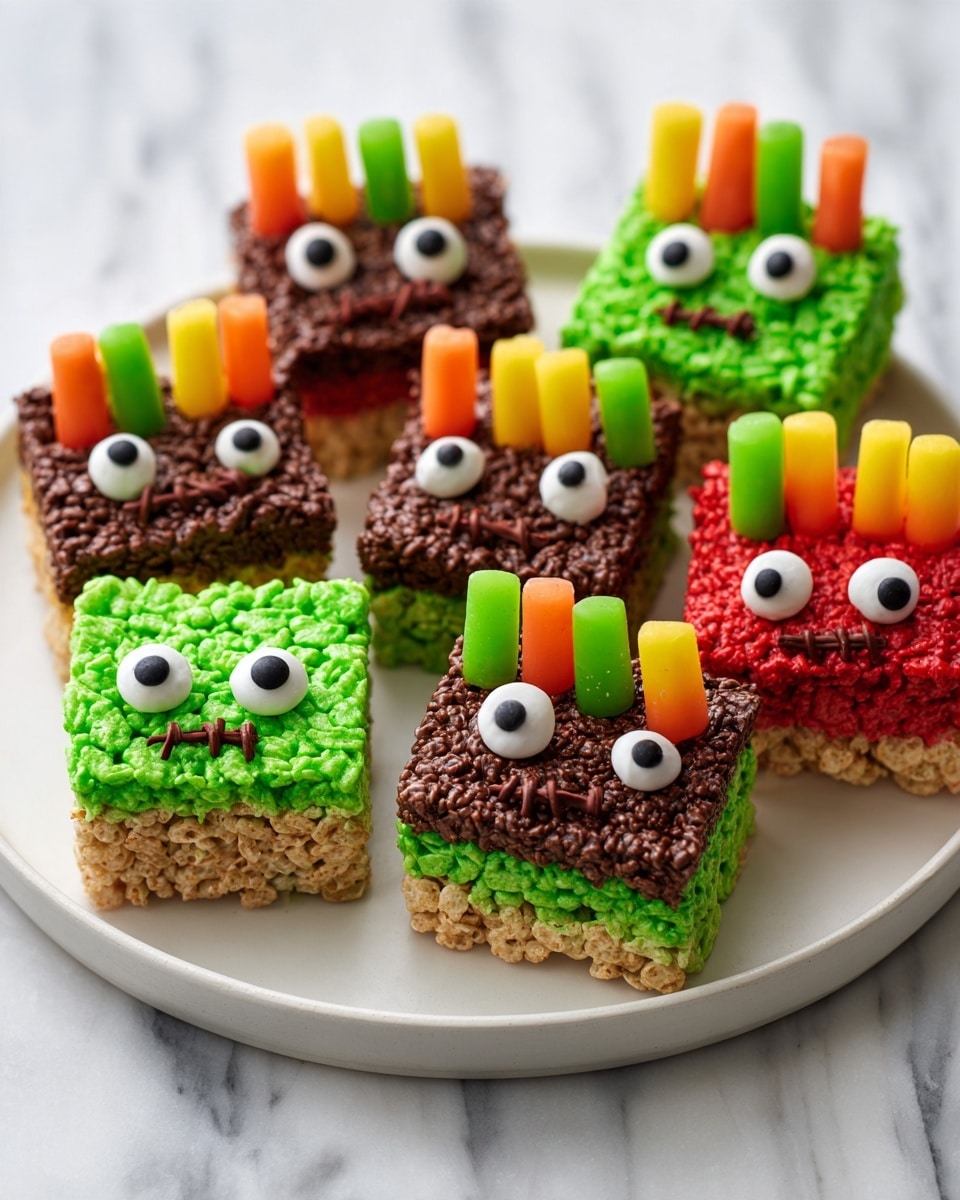 The image shows seven square-shaped rice crispy treats decorated to look like Frankenstein faces. Each treat has a textured green layer forming the face, topped with a rough brown chocolate chip layer that looks like hair. Small candy eyes are placed in the middle of each face, with a line of chocolate chips below them representing the mouth. Colorful candy sticks, in orange, red, yellow, and green, are placed on each side of the treats to represent the bolts. The treats are arranged on a white plate set on a white marbled surface. photo taken with an iphone --ar 4:5 --v 7