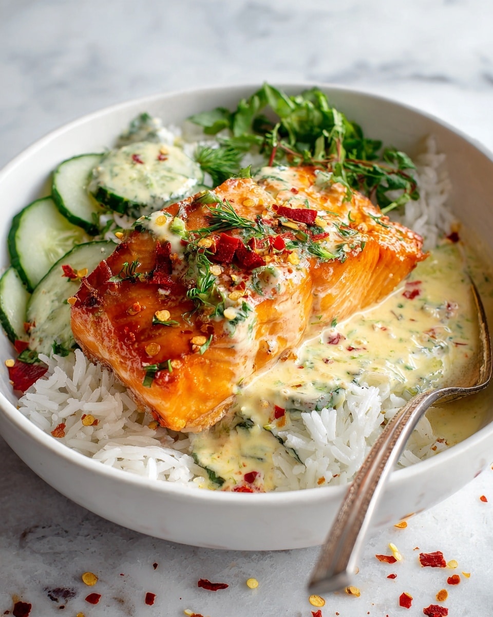 The image shows a white bowl with three main layers: at the bottom, soft white rice forms a base layer; on top of the rice are two grilled salmon fillets with a rich red-orange color and slightly charred edges, sprinkled with green chopped herbs and red chili flakes; behind the salmon is a layer of thinly sliced cucumber mixed with herbs and dotted with small orange seasoning, all drizzled with light beige sauce streaks across the top. The bowl sits on a white marbled surface, and a fork is placed on the right side partially inside the bowl photo taken with an iphone --ar 4:5 --v 7