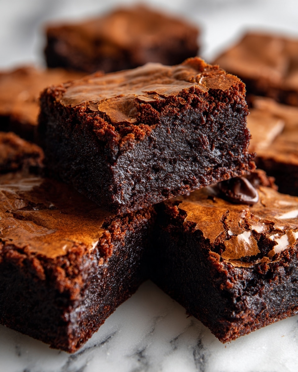 The image shows several square-shaped chocolate brownies arranged close together on a white marbled surface. Each brownie has a thin, shiny, cracked top layer with a dry texture and a thick, dark brown, moist-looking layer beneath it. One brownie is lifted slightly above the others, showing a clear view of the two layers from the side. The dark inside has a dense, fudgy texture with small pockets and a few lighter spots. The overall color contrast between the shiny brown crust and the darker inside is visible. photo taken with an iphone --ar 4:5 --v 7