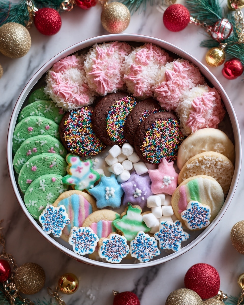 A round white tin filled with colorful Christmas cookies sits on a white marbled surface. The cookies have many shapes, including stars, snowflakes, Christmas trees, and boots, all covered with smooth icing in purple, pink, green, blue, and marble-like patterns. Around the edges are cookies partly dipped in chocolate and decorated with bright sprinkles in red, yellow, green, blue, and white. Some cookies are covered in shredded toasted coconut with pastel-colored dollops of frosting. Small green, white, and pink striped marshmallows are scattered inside the tin. Around the tin are red, green, and white fluffy pom-poms and soft warm fairy lights, adding a festive feel. Photo taken with an iphone --ar 4:5 --v 7