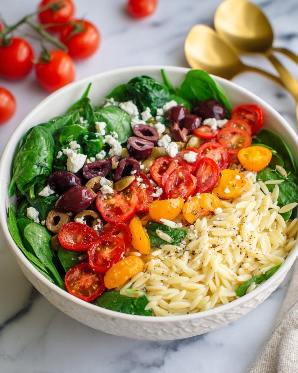 A white bowl is filled with a colorful salad that has four main layers. The bottom layer is fresh green spinach leaves spread evenly inside the bowl. On top of that, there are light yellow orzo pasta scattered all over. The third layer has halved red and orange cherry tomatoes, sliced green and black olives, and small cubed pieces of cucumber mixed in. The top layer is sprinkled with white crumbly feta cheese, with a light dusting of black pepper all over. The bowl is placed on a white marbled surface with a bunch of fresh cherry tomatoes on the vine nearby, golden cutlery beside the bowl, and a small white dish with different colored tomatoes and green leaves seen at the lower left. photo taken with an iphone --ar 4:5 --v 7