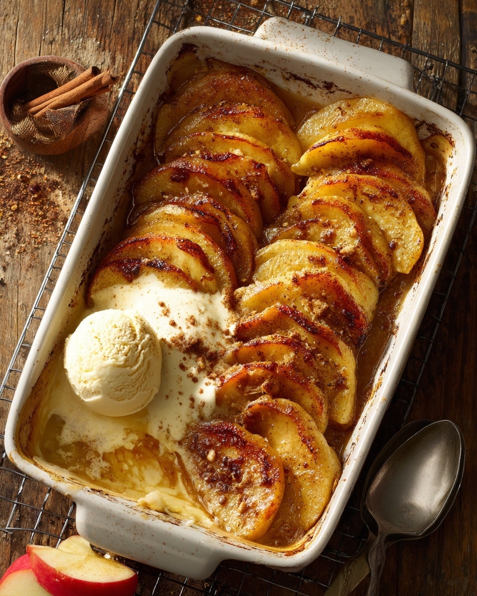 The image shows a white rectangular baking dish filled with a warmly baked dessert made of curled layers of golden brown dough with darker caramelized spots on top. There are several overlapping layers of this dough, which appear soft and fluffy with a slightly crisp, textured crust. In the center, there is a generous scoop of cream or ice cream melting slowly over the warm dessert, creating a creamy white contrast against the rich browns. The dish is set on a rustic wooden table with scattered crumbs, a partially sliced red apple nearby, and a woman's hand holding the dish’s handle. The background is a white marbled texture. Photo taken with an iphone --ar 4:5 --v 7