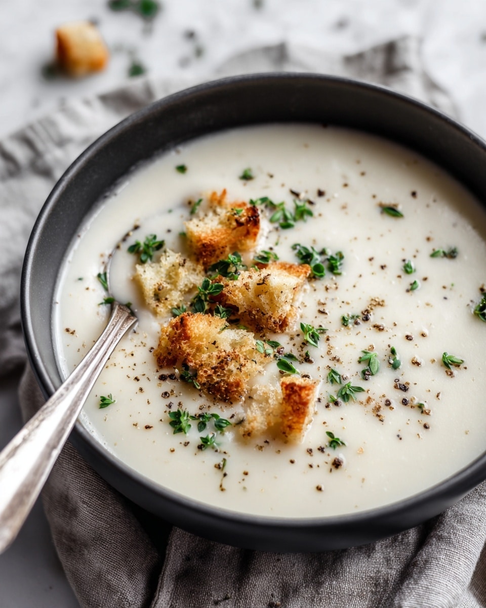 A close-up view of a bowl filled with creamy white soup that has a smooth texture. On top, there are small golden croutons and tiny green chive pieces scattered evenly, adding color and texture to the surface. Some black specks of pepper are spread lightly over the soup. A silver spoon rests inside the bowl, partly submerged, showing a bit of the creamy soup on it. The bowl is dark with a subtle pattern and sits on a soft gray cloth, all placed on a white marbled surface. photo taken with an iphone --ar 4:5 --v 7