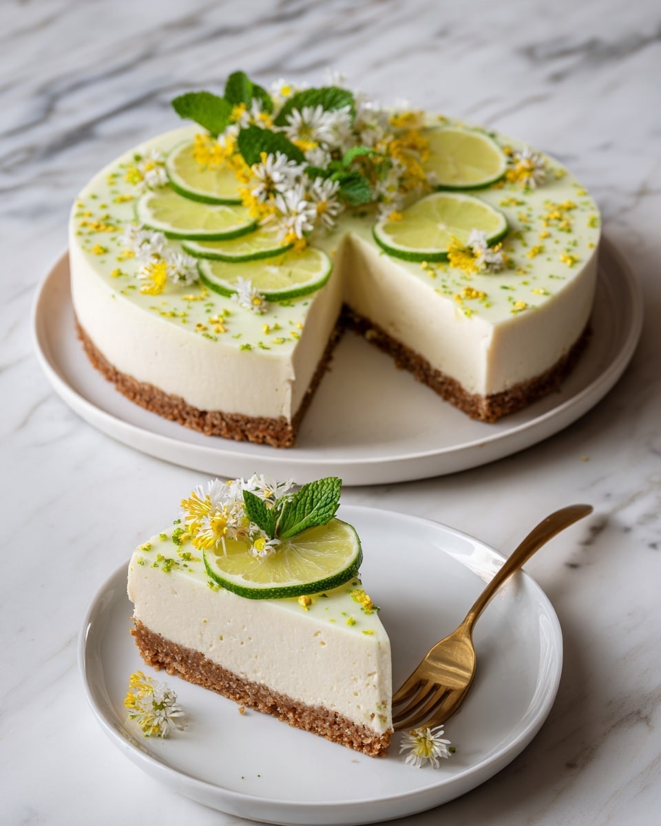A round lime cheesecake with two layers is shown on a white marbled surface. The bottom layer is a crumbly brown crust, and the top layer is a smooth, pale green creamy filling sprinkled lightly with lime zest. On top of the whole cake, there is a cluster of thin lime slices arranged in a circle, with fresh green mint leaves in the center and small yellow and white edible flowers around it. A single slice of the cake is placed on a white plate below, decorated with a lime slice, small mint leaves, and a flower. A gold fork lies near the plate. Photo taken with an iphone --ar 4:5 --v 7