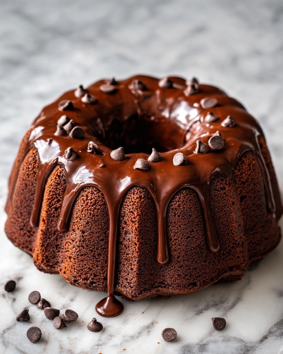 A rich brown Bundt cake with nine thick, curved sections forms the outer layer, each section showing a soft, slightly rough texture. On top, a thick layer of smooth, shiny dark chocolate glaze follows the shape of the cake’s ring, pooling slightly in the crevices and dripping over the edges in glossy folds. Small dark chocolate chips are scattered evenly on the glaze, adding texture and contrast. The cake sits on a clean white plate against a white marbled surface. photo taken with an iphone --ar 4:5 --v 7
