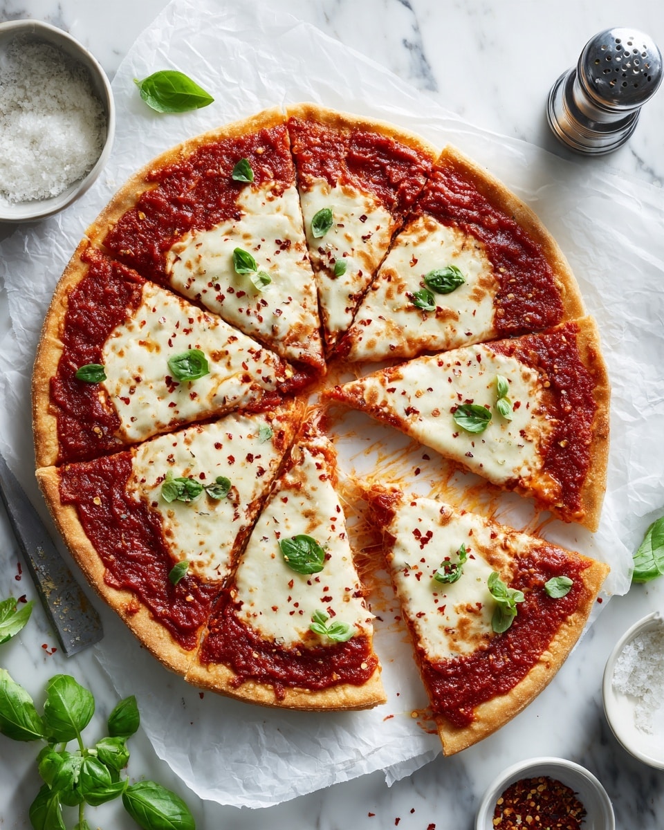 A round pizza is sliced into six pieces and placed on white parchment paper over a white marbled surface. The pizza has three main layers: a golden brown crust forming the base, a layer of bright red tomato sauce spread evenly above the crust, and a thick layer of melted white mozzarella cheese that covers the sauce fully, with some golden brown spots. Small green basil leaves are scattered on top of the cheese, along with a light sprinkling of red chili flakes. Around the pizza are extra basil leaves and a small glass shaker with grated cheese. Photo taken with an iphone --ar 4:5 --v 7