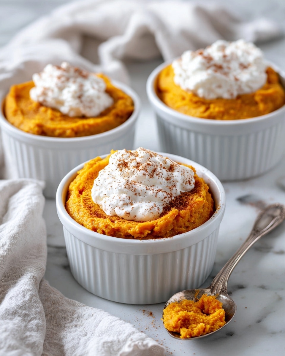 The image shows three white bowls filled with bright orange pumpkin puree topped with a dollop of white whipped cream sprinkled lightly with cinnamon. The puree has a smooth but slightly textured surface, piled high in each bowl. There is a silver spoon resting inside the bowl on the top right and another silver spoon with some pumpkin puree on it placed on the white marbled surface beside the bottom left bowl. The scene is set on a white marbled texture that adds a clean, soft background. Photo taken with an iphone --ar 4:5 --v 7