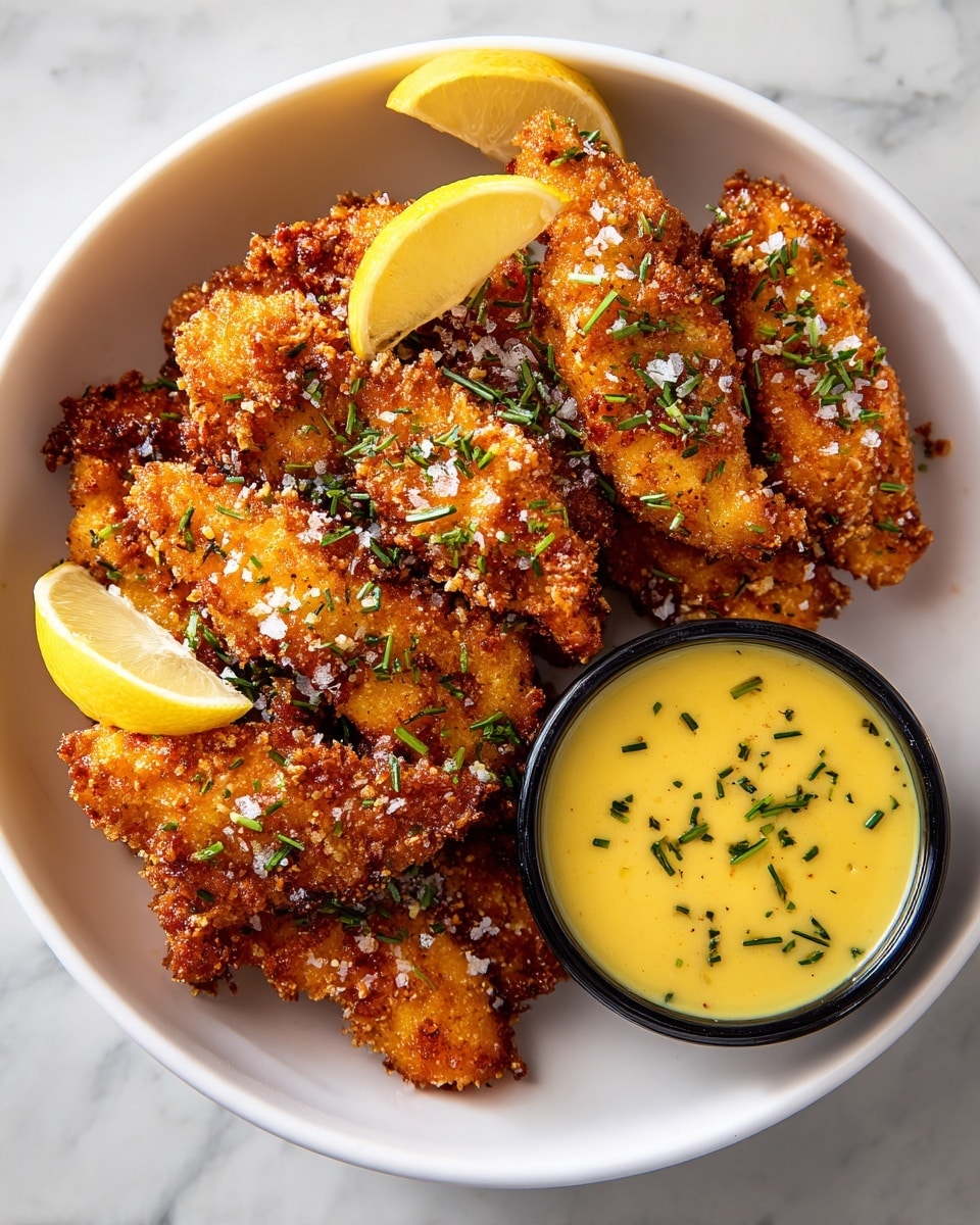 A close-up view of a bowl with multiple golden brown, crispy breaded chicken pieces arranged inside, sprinkled with chopped green herbs and coarse salt. On one side near the top, there are two wedges of lemon placed partially overlapping each other. In the middle right side of the bowl, there is a small black bowl filled with smooth yellow dipping sauce, also topped with bits of chopped green herbs. The bowl is set on a white marbled surface. Photo taken with an iphone --ar 4:5 --v 7