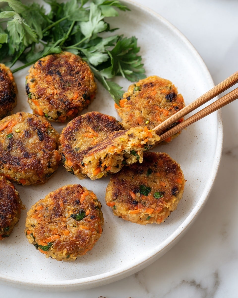 The dish shows a beige plate with eight small round patties stacked on it. Each patty has a golden-brown crispy outer layer with visible colorful bits of green and orange vegetables inside, giving a mixed texture look. Two wooden chopsticks pick one patty from the top layer, held above the others, showing its slightly rough and crunchy surface. Some green garnish is blurred in the background, adding a fresh touch. The plate rests on a white marbled surface. Photo taken with an iphone --ar 4:5 --v 7