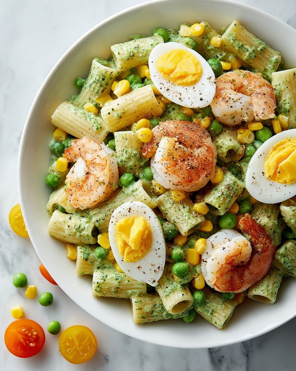 A large white bowl is filled with three layers of food. The base layer is small tube-shaped pasta coated evenly in a green creamy sauce with small green herb pieces throughout. Mixed into the pasta are bright yellow corn kernels and round green peas. The middle layer has several medium-sized cooked shrimp with a pink and orange color, slightly browned with some black pepper on them. The top layer includes quartered pieces of hard-boiled egg showing bright yellow yolks and white edges. The bowl sits on a white marbled surface with a few scattered peas, corn kernels, and halved cherry tomatoes around it. Photo taken with an iphone --ar 4:5 --v 7