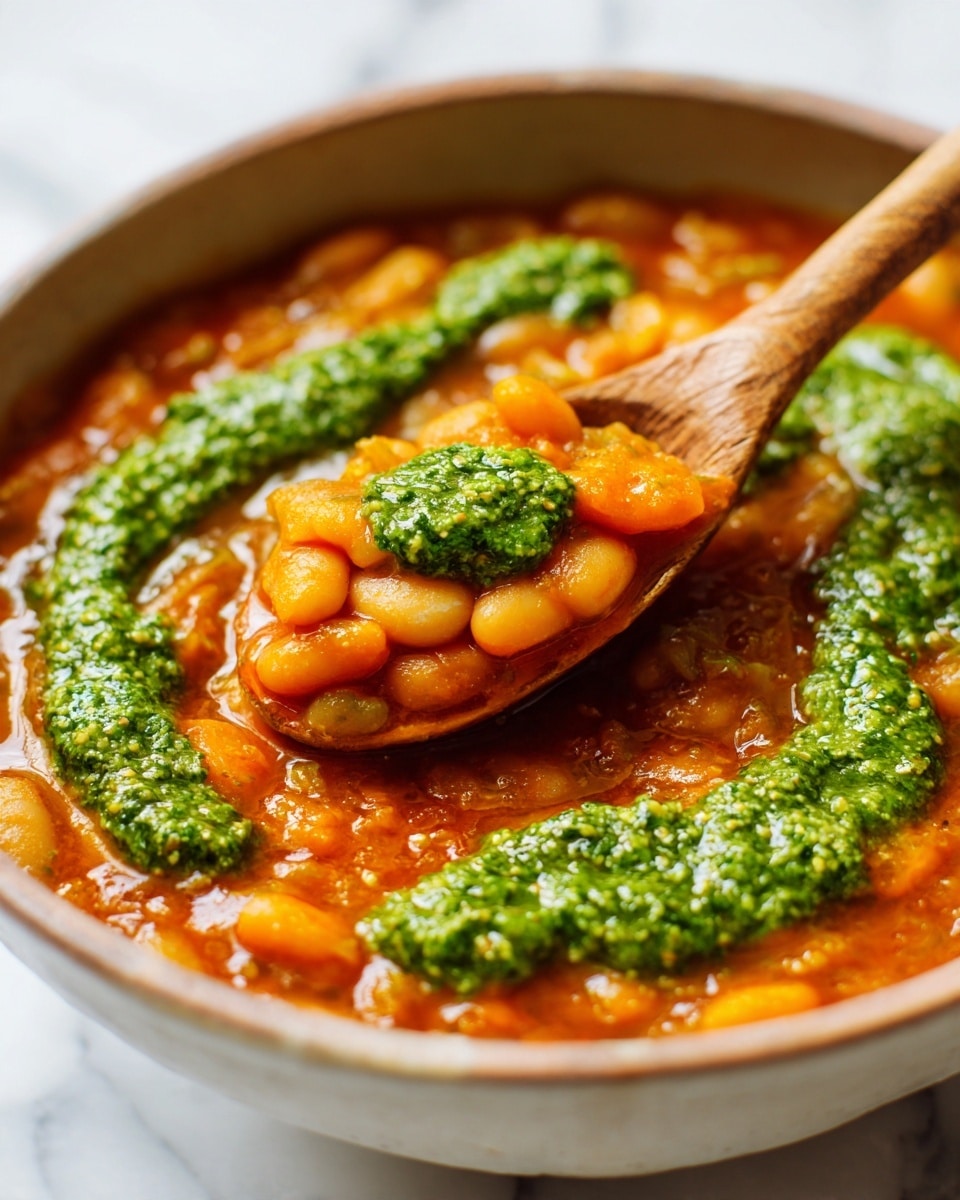 The image shows a close-up of a thick stew with white beans and a rich orange-brown sauce. The stew has bright green herb sauce or pesto swirled on top, creating color contrast. A wooden spoon is partially submerged on the right side, stirring the mixture, with the spoon's texture visible. The pot edge seen at the top is dark, and the background is a white marbled texture. Photo taken with an iphone --ar 4:5 --v 7