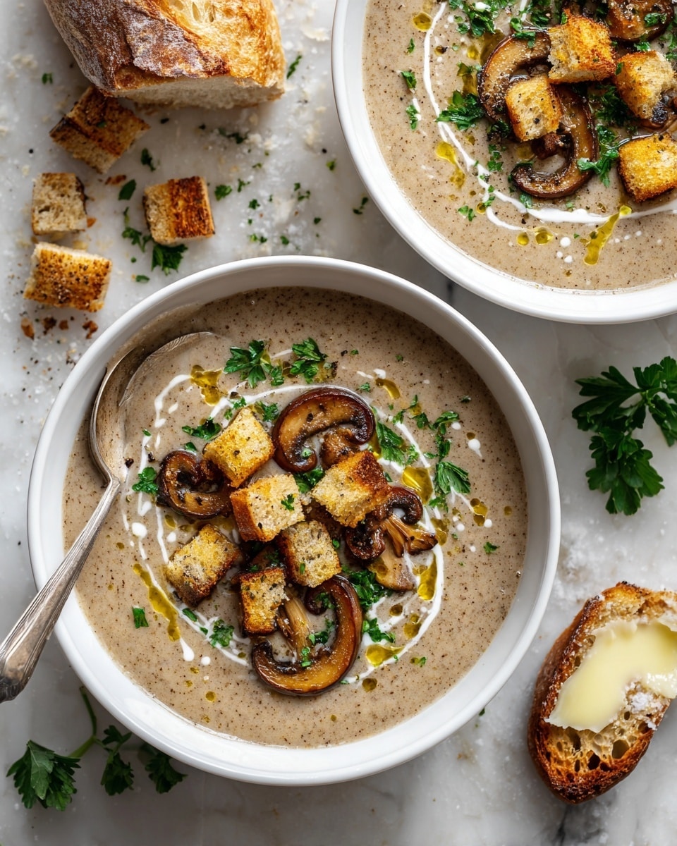 A creamy beige mushroom soup is served in two black bowls, each topped with several dark brown sautéed mushroom slices, small golden-brown croutons, and bright green parsley leaves scattered on the surface. Thin white cream lines swirl gently on top, with a few drops of green oil adding color contrast. The bowls rest on a soft gray cloth, with pieces of buttered bread placed nearby on a white marbled surface. A silver spoon is placed inside the front bowl, and the overall scene gives a warm and cozy feeling. photo taken with an iphone --ar 4:5 --v 7