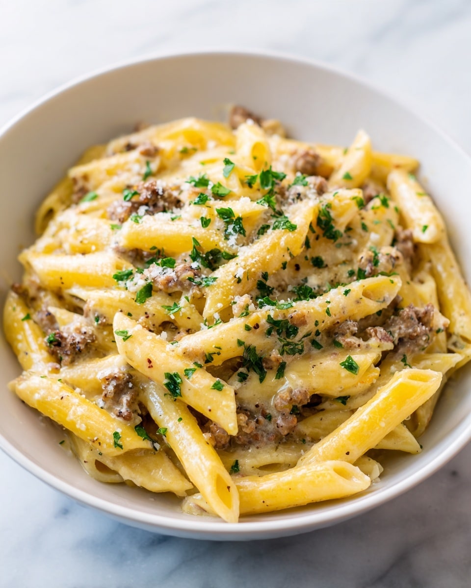 A white bowl is filled with creamy penne pasta mixed with browned ground meat, coated evenly in a light beige sauce. The pasta pieces are short and tube-shaped with ridges, and the ground meat is crumbled finely and spread throughout. Fresh green parsley leaves are scattered across the top, adding a bright touch of color, and there is a sprinkling of grated white cheese melted lightly into the sauce. The bowl sits on a white marbled surface, with soft natural light highlighting the textures of the pasta, sauce, and meat. photo taken with an iphone --ar 4:5 --v 7