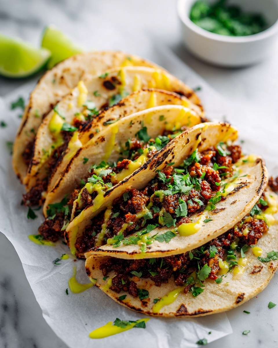 The image shows several folded tortillas placed closely, layered with a brown, cooked meat filling that has a slightly crispy texture on the edges. The tortillas are light beige with slight charring marks. On top, a yellow-green sauce is drizzled unevenly, creating small pools in some areas. Bright green chopped cilantro is sprinkled over the entire dish along with small red chili flakes scattered around. In the background, you can see a white bowl filled with green herbs and a grilled lime cut in half, resting on a white marbled surface. photo taken with an iphone --ar 4:5 --v 7