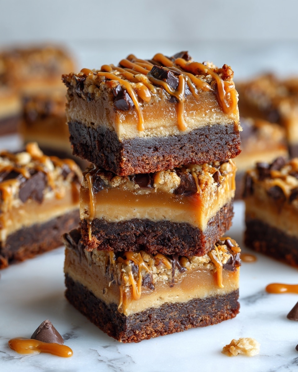 The image shows a stack of three square dessert bars with three layers visible in each bar: the bottom layer is a dense brown base with a slightly crumbly texture, the middle layer is a smooth, lighter caramel-colored filling, and the top layer has a crumbly texture mixed with dark chocolate chunks and drizzles of shiny caramel sauce. Around the stack, more squares are scattered on a white marbled surface in soft focus. photo taken with an iphone --ar 4:5 --v 7