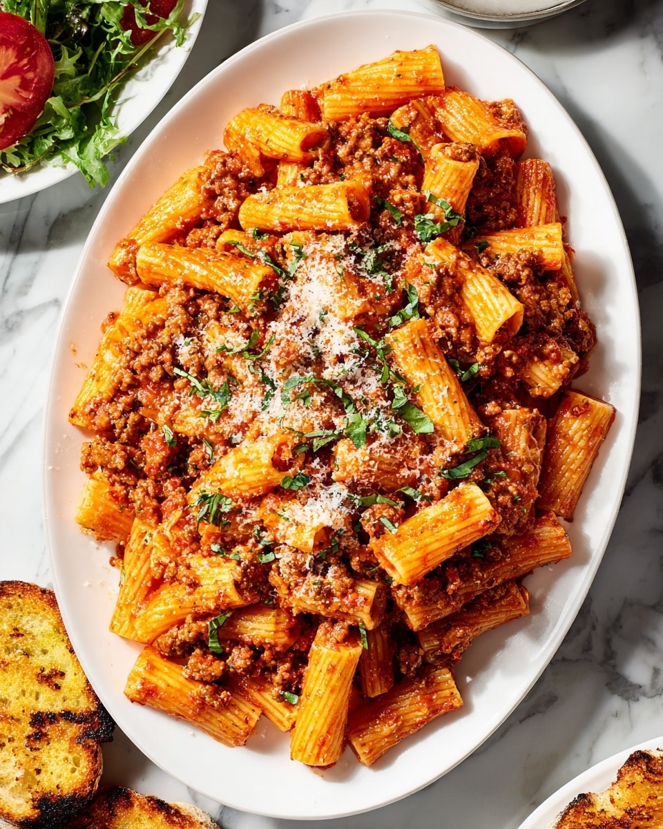 A large white oval plate filled with rigatoni pasta coated in a chunky orange-red meat sauce with visible small pieces of ground meat and diced tomatoes. The rigatoni tubes are thick and ridged, scattered evenly across the plate, with a light sprinkling of grated white cheese and small green herb pieces on top. Around the plate, there are pieces of toasted bread with a golden-brown crust and a white marbled surface underneath. Small bowls with fresh green salad can be seen at the edge of the frame. The lighting highlights the glossy texture of the sauce and the rustic look of the dish. Photo taken with an iphone --ar 4:5 --v 7