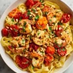 Creamy Shrimp Pasta with Tomatoes, Burrata, and Pine Nuts Recipe