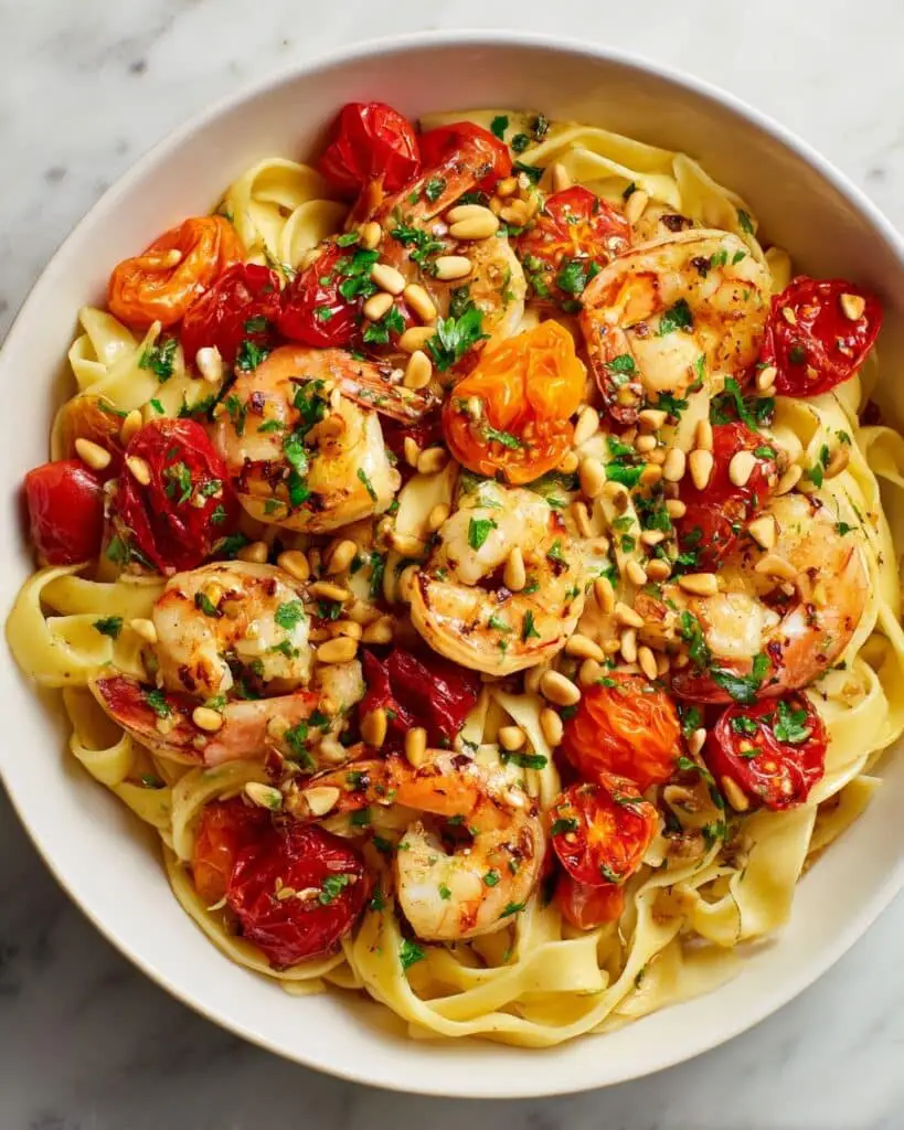 Creamy Shrimp Pasta with Tomatoes, Burrata, and Pine Nuts Recipe