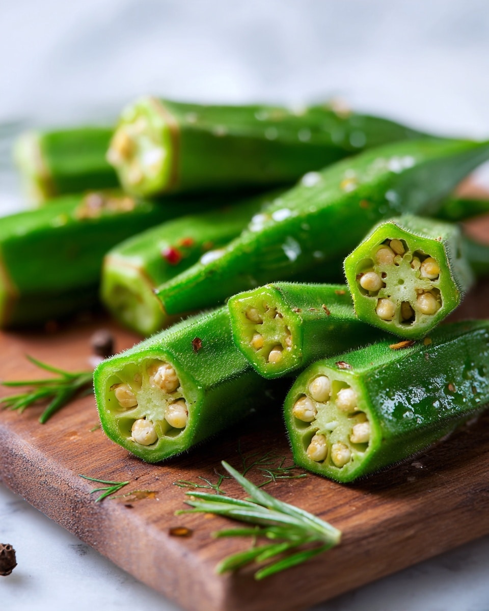 The image shows close-up green pickled okra, some whole and some sliced to reveal a wet, shiny inside with small white seeds. The okra has a glossy texture covered with specks of seasonings like dried herbs and small red and black pepper pieces. They rest on a wooden surface surrounded by tiny garlic cloves and peppercorns in green and black colors. The background is softly blurred with more okra and herbs. The whole scene has a fresh, natural look with bright green and tan tones. photo taken with an iphone --ar 4:5 --v 7
