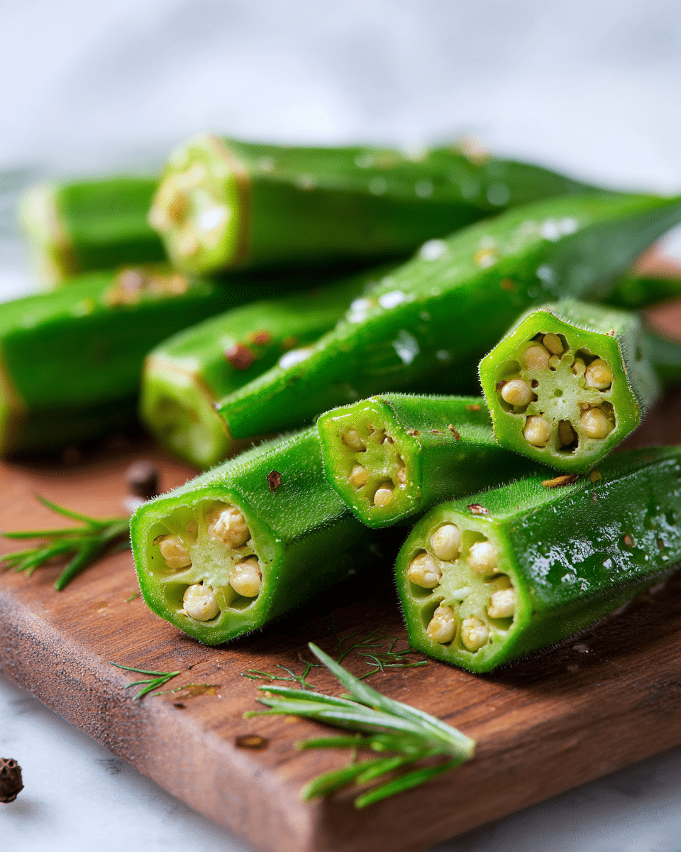 The image shows a close-up of green okra pieces that are cut open, exposing their white seeds inside. The okra looks fresh and glossy with small droplets of moisture and some herbs sprinkled on top, including dill and tiny bits of red spice. The okra is placed on a wooden surface with some scattered mustard seeds and small capers around, creating a natural and earthy feel. The background has more blurred green okra pieces, adding depth to the image. photo taken with an iphone --ar 4:5 --v 7